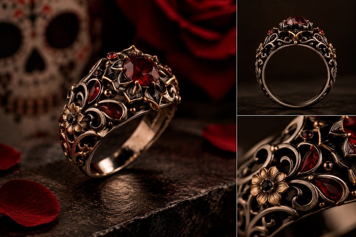 Anel inspirado na ornamentação, flores e simetria da caveira mexicana