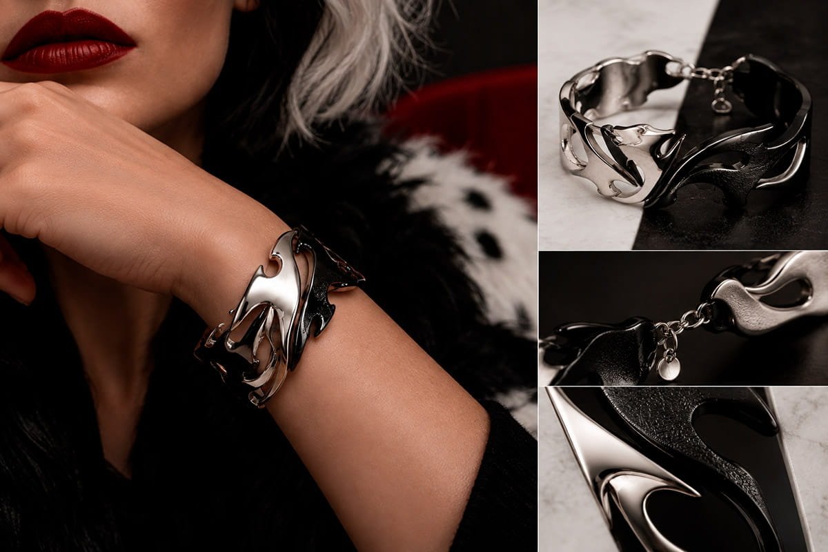 Pulseira de joalheria inspirada no contraste entre preto e branco de Cruella