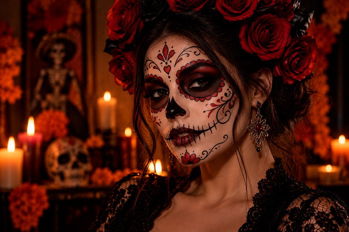 Maquiagem de Halloween inspirada em caveira mexicana