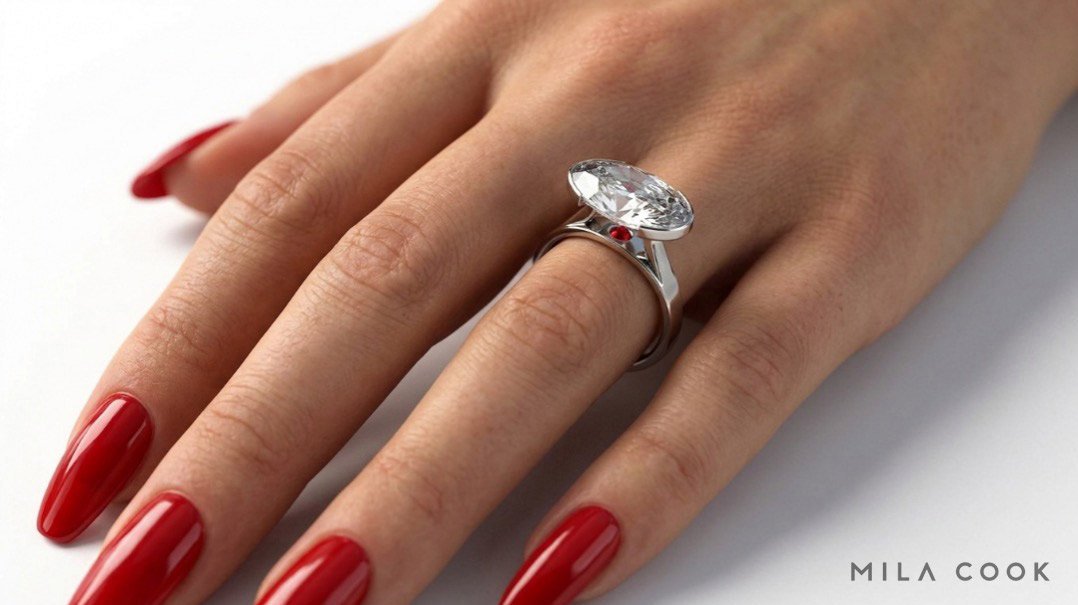 Anel de ouro branco com diamante oval e detalhe vermelho do rubi sobre a mão