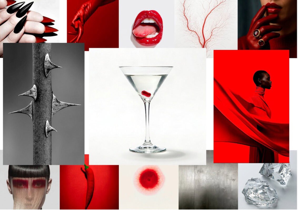 Painel conceitual de design de joias com referências em vermelho, metal, espinhos, unhas e diamantes
