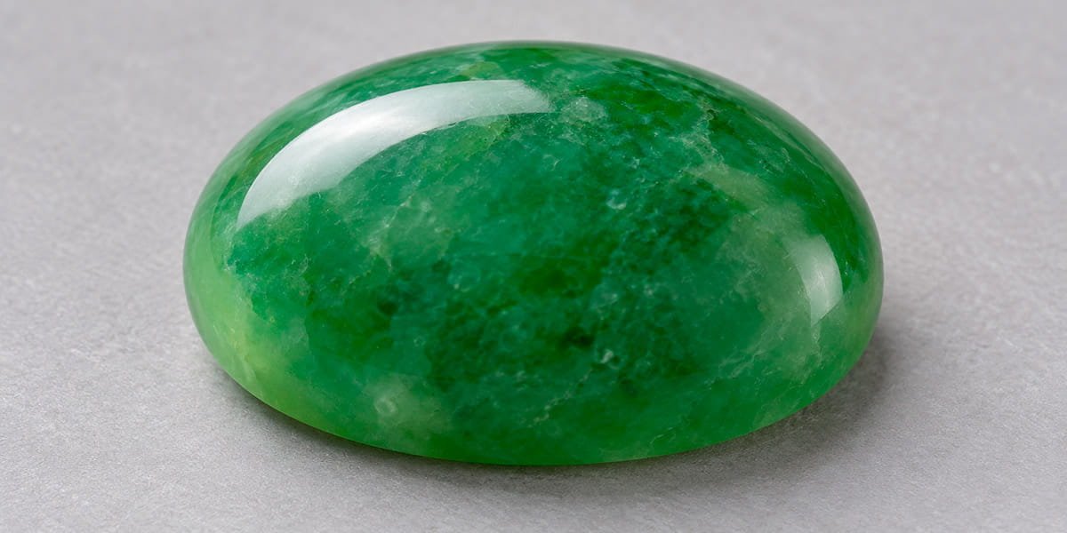 Gema verde oval em cabochão, com superfície lisa e polida, topo arredondado e sem facetas