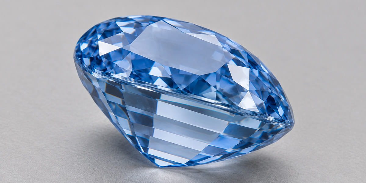 Gema azul oval com lapidação mista, mostrando facetas triangulares na coroa e facetas em degraus no pavilhão, sobre fundo cinza claro.