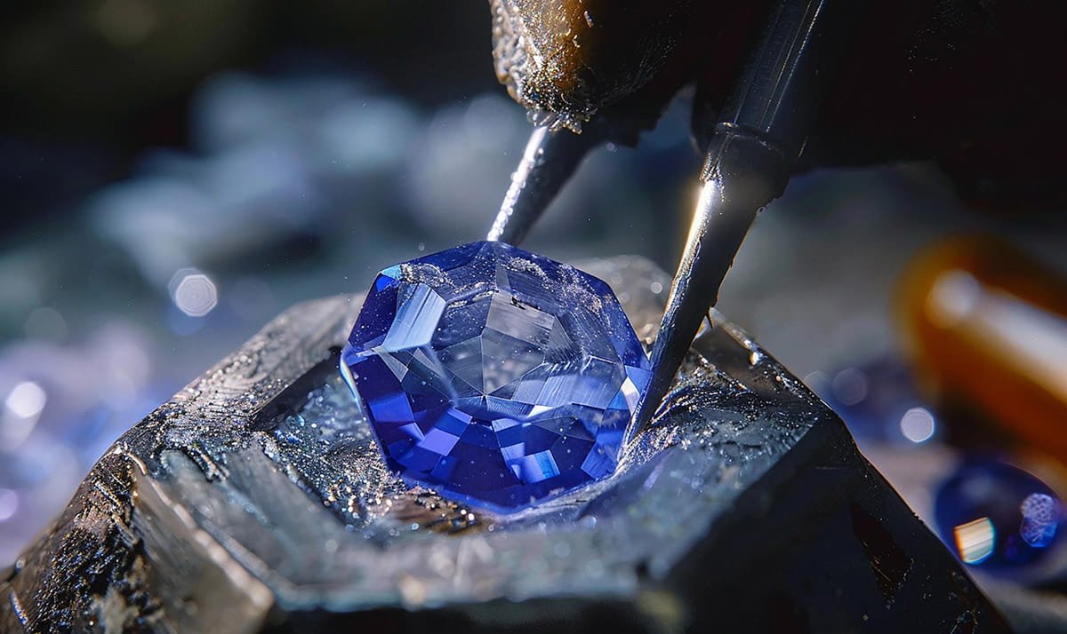 Gema azul facetada apoiada em suporte escuro, entre pontas de ferramentas metálicas.